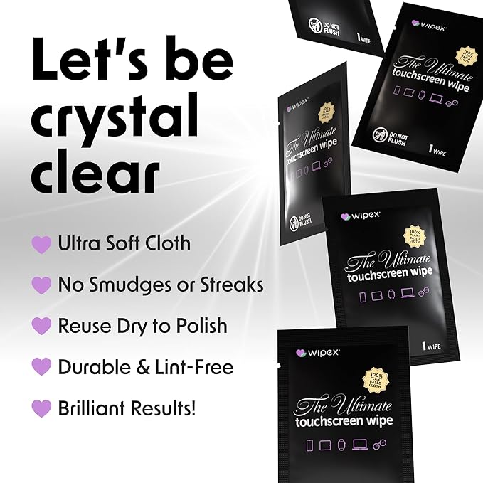 Wipex Ultimate Car Screen Cleaner - 48ct Auto Screen Wipes, Streak-Free & Residue-Free, Plant-Based Black Cloth for Interior, Mirrors & Dashboard, 24ct Individually Wrapped (Pack of 2)-DeskLoop Office