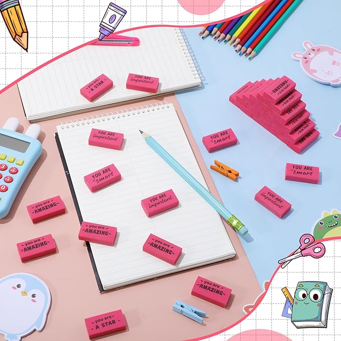 180 Pcs Inspirational Erasers for Kids Christian Pencil Erasers Bulk, Back-to-School Gifts Motivational and Cute Supplies for Students Classrooms, Drawing(Pink,Motivational)-DeskLoop Office
