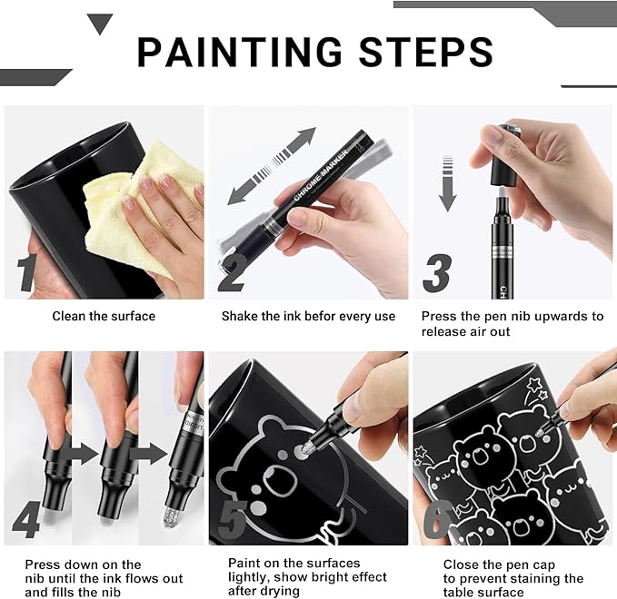 3Pcs Silver Liquid Mirror Chrome Markers, Permanent Reflective Metallic Chrome Paint Pen, High Gloss Car DIY Model Painting, Touch Up Repair Kit for Plastic Metal Glass Resins-DeskLoop Office