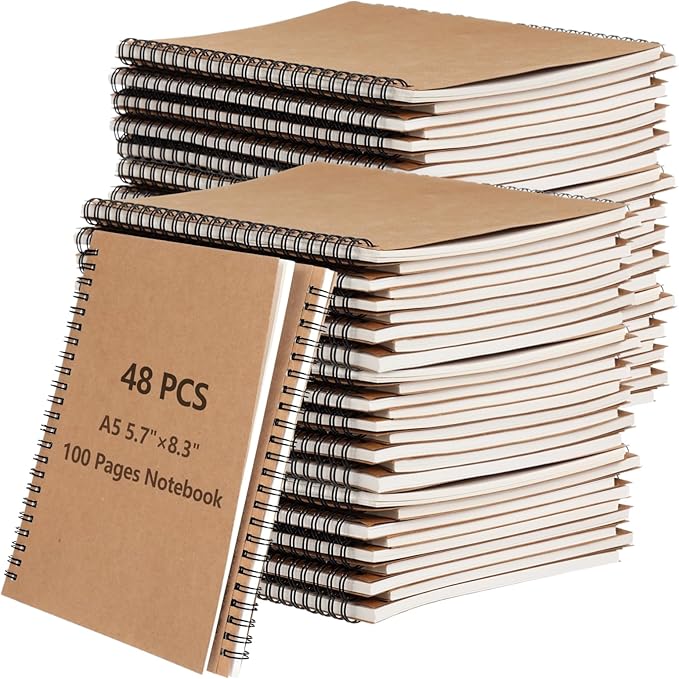 Lnrueg 48 Pcs A5 Spiral Notebooks - Brown Kraft Paper Cover Notebooks, Hardcover Lined Notebooks, Sturdy Travel Journals with Smooth 70GSM Paper for School, Office, Travel, 100 Pages-DeskLoop Office