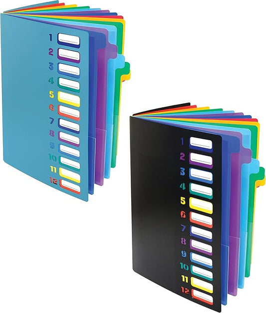 Better Office Products 24 Clear Pocket Expanding File Folder with 12 Colored Tabs, Letter Size, Holds 300 Sheets, Project File Organizer, Numbered Index on Cover,(2 Pack Black & Blue)-DeskLoop Office
