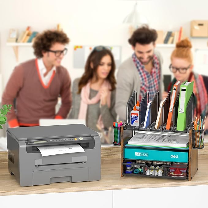 4-Tier Mesh Desk Organizer, Wooden Desk File Organizer with 5 Vertical File Holders and 2 Pen Holders, Desktop Organizers and Accessories with Drawer for Home Office-DeskLoop Office