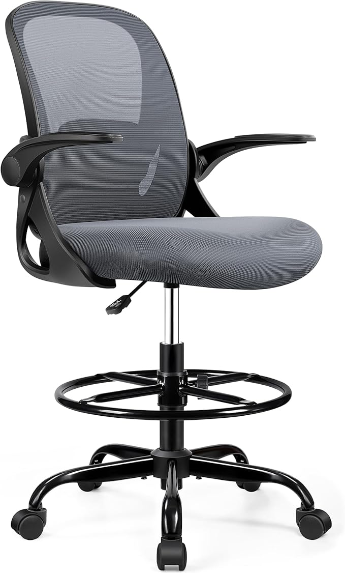 Drafting Chair Tall Office Chair with Flip-up Armrests, Adjustable Height, Enhanced Lumbar Support Ergonomic Rolling Stool, Back Support, Adjustable Foot Rest Ring for Standing Desk Dark Gray-DeskLoop Office