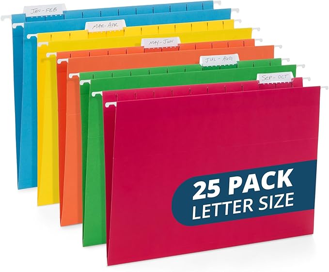 Blue Summit Supplies 25 Colored Hanging File Folders Letter Size with Tabs, Colored File Folders Hanging, Assorted Colors, Reinforced for Office Filing and Organization-DeskLoop Office