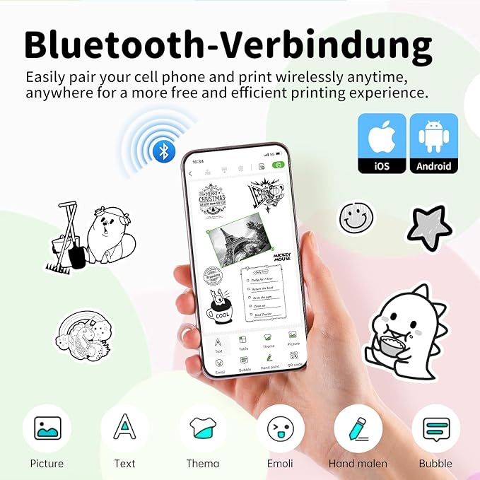 iDPRT Portable Mini Thermal Sticker Printer, Bluetooth Inkless Printers with 1 Roll Sticker Paper, Sticker Machine Efficiently and Quickly, for Notes, Journal, DIY, Kids Gift-DeskLoop Office