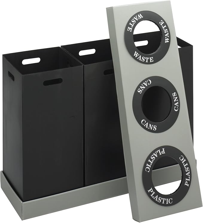 Safco Trash Can Recycle Bin Combo, 28 Gallon Each (3 Bin), At Your Disposal Recycling Center, Black/Grey-DeskLoop Office