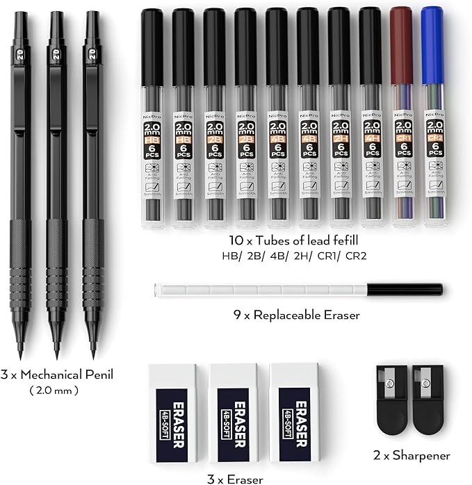 Nicpro Black Metal 2.0 Mechanical Pencil Set with Case, 3 PCS Drafting Lead Holder with 2mm Graphite Lead Refill (HB 2H 4H 2B 4B) & Colors, Sharpeners, Erasers for Artist Writing, Drawing, Sketching-DeskLoop Office
