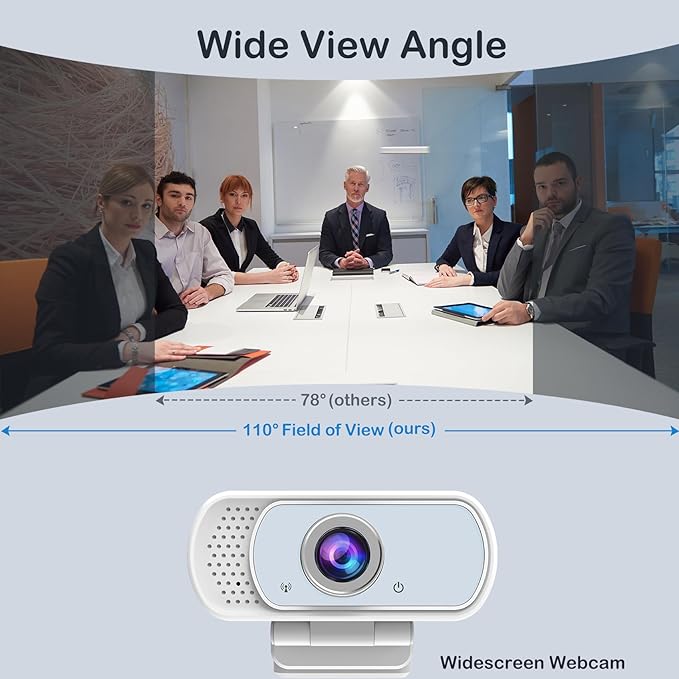 1080p White Webcam with Microphone, USB Web Camera 110-Degree View Angle Computer Camera,Webcam Tripod/Privacy Cover/USB C Adapter Include,Plug and Play Web Cam for Video Conferencing Streaming-DeskLoop Office