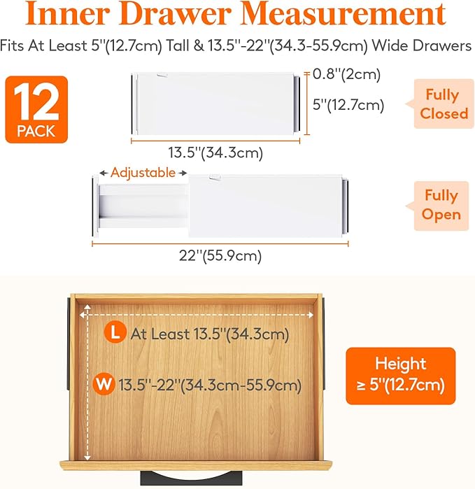 Lifewit 12 Pack Drawer Dividers Plastic 5" High, 13.5-22" Adjustable Drawer Organizers for Clothes, Expandable Dresser Separators in Bedroom/Bathroom/Kitchen/Fridge/Office Organization and Storage-DeskLoop Office