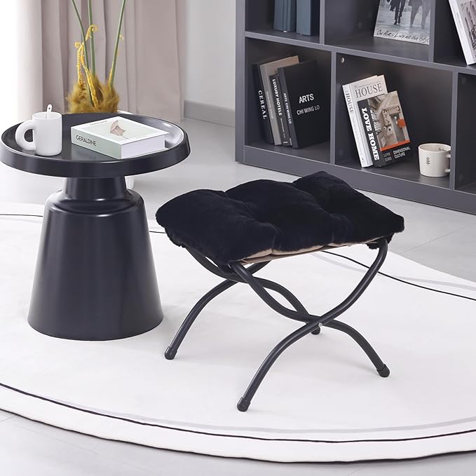 LITA Folding Upholstered Footrest Stool, Modern Small Portable Accent Ottoman with Detachable Thick Cotton Cushion Padded Sofa Stool with Metal Frame for Lazy Chair, Living Room & Bedroom, Plush Black-DeskLoop Office
