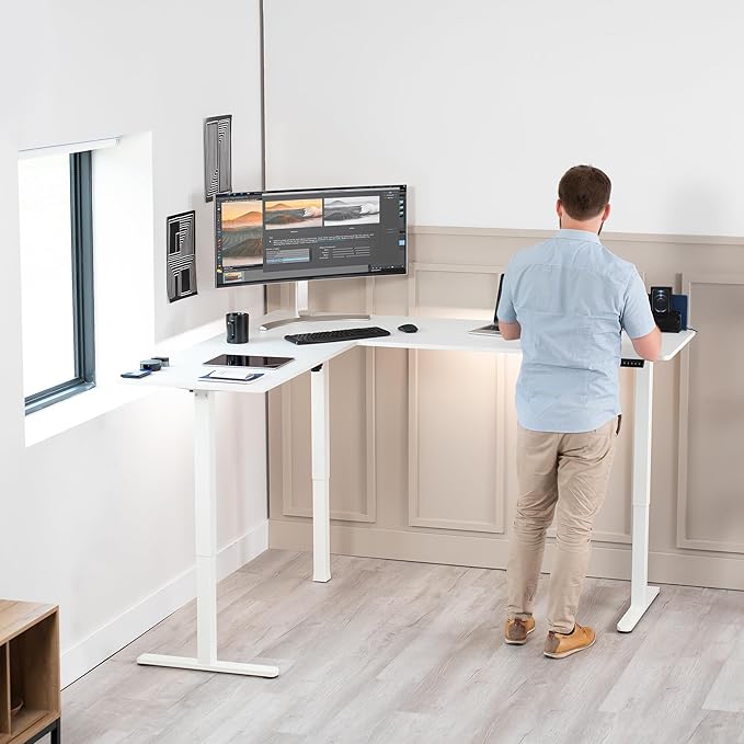 VIVO Electric Corner L-Shaped 75 x 63 in Rustic Standing Desk, Memory Height Adjustment, White Top White Frame, DESK-E3CTW-75-DeskLoop Office