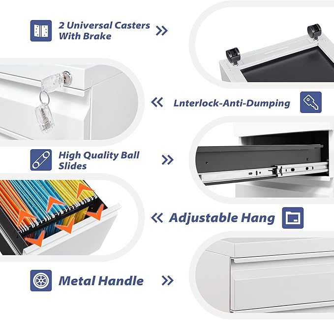 Rolling File Cabinet with Lock, 3 Drawer Metal Mobile Filing Cabinet for Legal/Letter Size, Fully Assembled Except Casters,White-DeskLoop Office