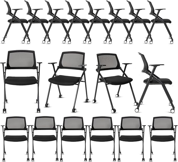 10 Pack Conference Room Chairs with Wheels and Sliding Armrest,Foldable Nesting Chair for Office School Church Waiting Room Black-DeskLoop Office