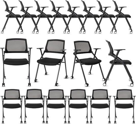 10 Pack Conference Room Chairs with Wheels and Sliding Armrest,Foldable Nesting Chair for Office School Church Waiting Room Black-DeskLoop Office