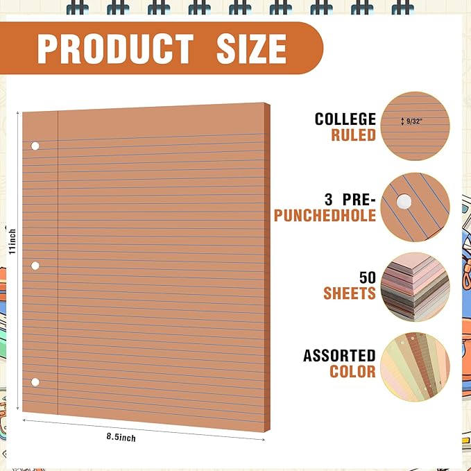 PerKoop 600 Sheets Colored Loose Leaf Paper 8.5" x 11" college ruled Lined 3 Hole Punched notebook Filler Paper for 3 Ring Binders Office School Supplies (Cute Color)-DeskLoop Office