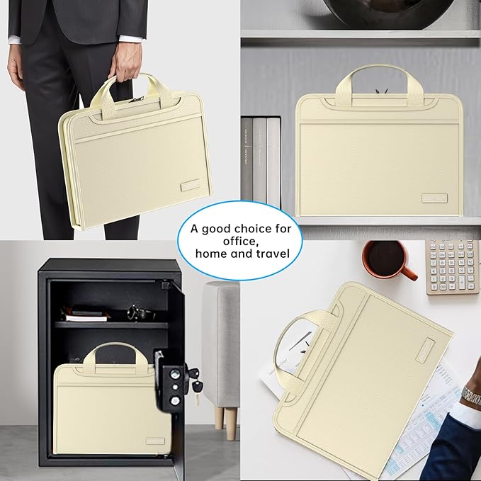 ENGPOW Accordion File Organizer,Fireproof Expanding File Folder with Multi Pockets,13 Pockets Document Organizer Bag with Handle & Labels,Portable Home Travel Safe Storage for Letter A4 Files,Beige-DeskLoop Office