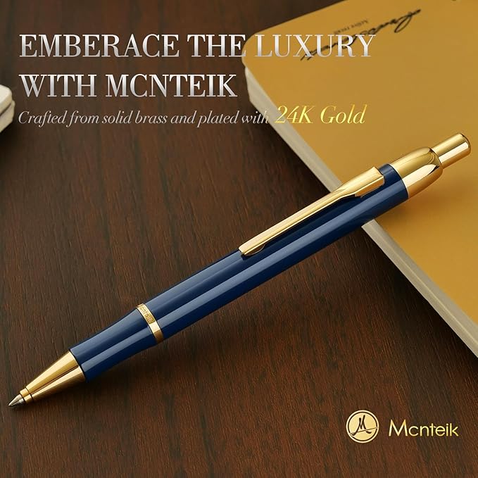 Blue Gel Pen With 24K Gold Finish, Fine lacquer work, Fancy Gift Set for Men & Women, Black Refill, Ideal Office Supplies, Professional, Writing, Executive,Office, Nice Retractable Pens-DeskLoop Office