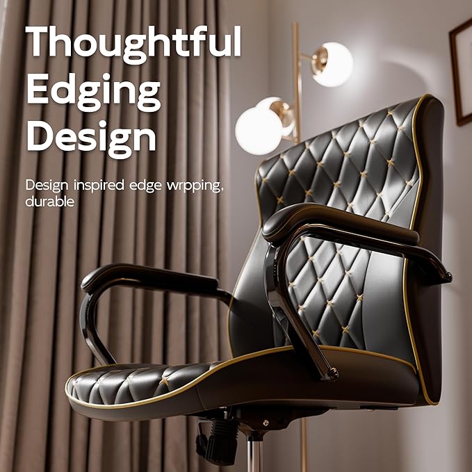 Black Office Chair with Soft Leather Embroidery, Mid Back Vintage Swivel Executive Desk Chair with Wheels and Padded Arms, Adjustable Height-DeskLoop Office