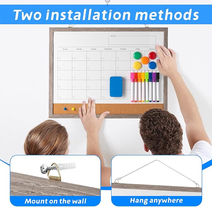 Dry Erase Calendar Whiteboard, 17" x 13" Magnetic Whiteboard Cork Board Combo, Reusable Monthly Planner with 8 Markers, Eraser, Magnets and Push Pins to Hang Dry Erase Board for Home, School - Gray-DeskLoop Office