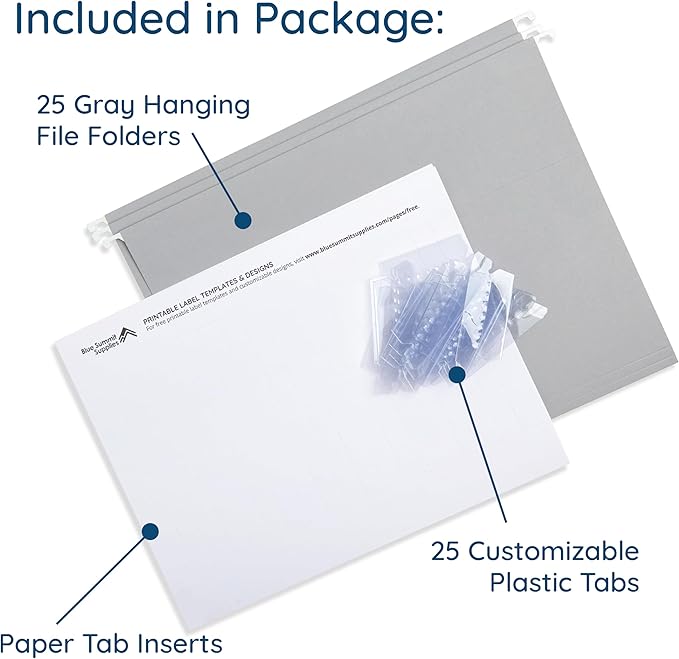 25 Blue Summit Supplies Grey Hanging File Folders Letter Size - Durable 11pt Paper, Hanging File Folders Gray, Plastic Tabs and Inserts Included, Perfect for Office Organization-DeskLoop Office