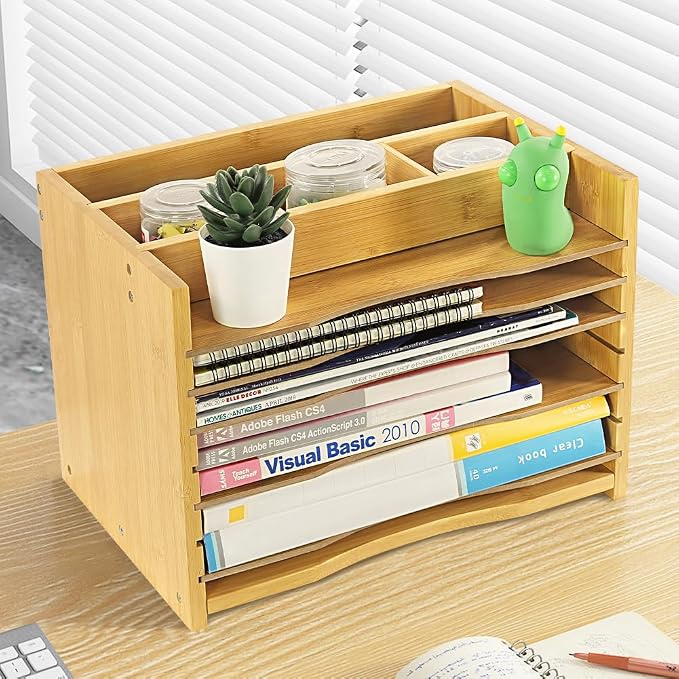 WKWKER 5-Tiers Bamboo File Organizer Paper Organizer Mail Sorter Document - Image 7