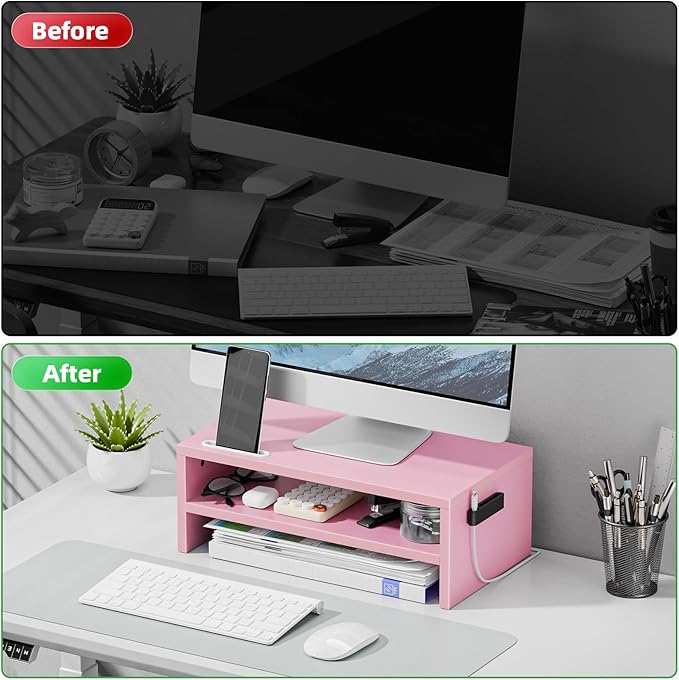 Marbrasse Monitor Stand Riser, 16.5 Inch 2 Tier Computer Printer Shelf Stand for Laptop Computer Screen Storage, Desktop Stand with Phone Holder and Cable Management (Pink)-DeskLoop Office