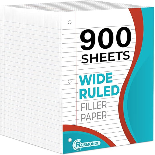 6 Pack Loose Leaf Paper, 900 Sheets, Wide Ruled Paper, 8" x 10.5", Bulk Notebook Paper, 150 Sheets/Pack, Fits Standard 3 Ring Binders, Wide Ruled Filler Paper for School, White Notebook Paper-DeskLoop Office