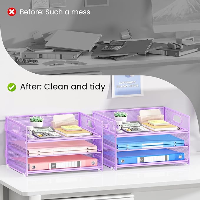 Subekyu 2-Pack 3-Tier Purple Metal Mesh Desk Paper Letter Tray & File Sorter Organizer with Handle + 1 Sliding Tray for Desk, Home, Office, School Supplies, A4 Paper and Accessories Storage-DeskLoop Office
