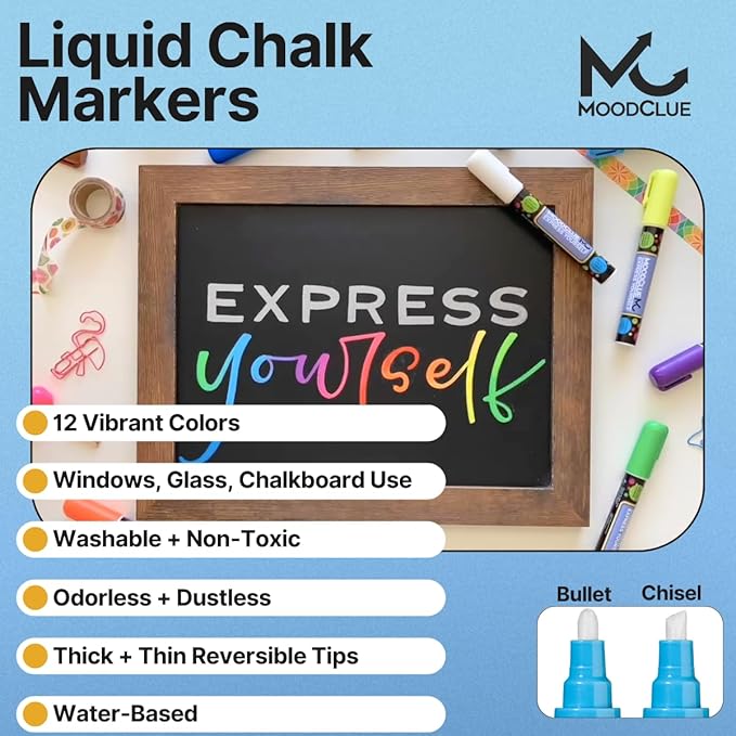 Liquid chalk markers 12 neon erasable Whiteboards, glass boards, chalkboards, windows, mirrors, car windshields, auto, glass. Odorless, non-toxic. Wet or dry erase. Thick and thin tip-DeskLoop Office