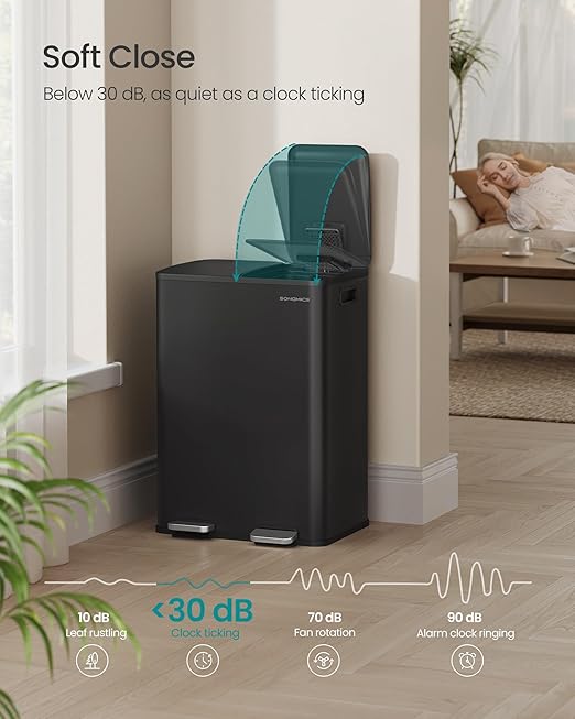 SONGMICS Trash Can, 2 x 8 Gallon (2 x 30 L) Dual-Compartment Garbage Can with Soft-Close Lid, Pedal and Inner Buckets, Stainless Steel, Includes 15 Liner Bags, Ink Black ULTB741B01-DeskLoop Office