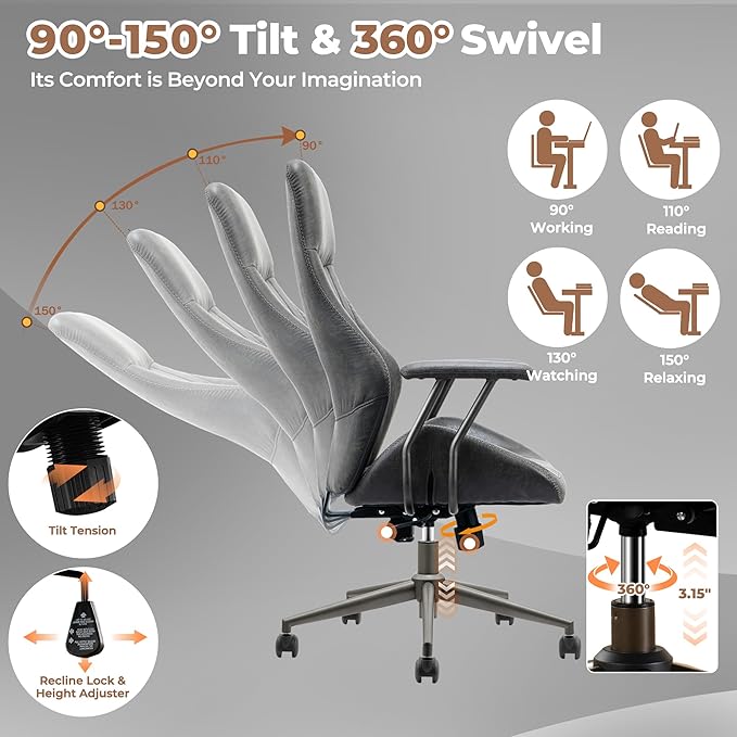 ovios Ergonomic Home Office Chair, Mid-Century Modern Faux Leather Chairs with Padded Armrests, Comfy High Back Swivel Rolling Executive Computer Armchair (Dark Grey, Suede Leather)-DeskLoop Office