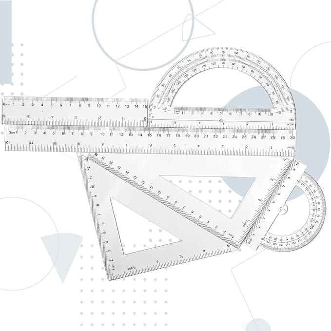 Tenare 6 Pcs Plastic Ruler Math Set Includes 12 Inch 6 Inch Straight Protractor Triangle Geometry Transparent Math Ruler Measuring Tools for School Office Home(Clear)-DeskLoop Office