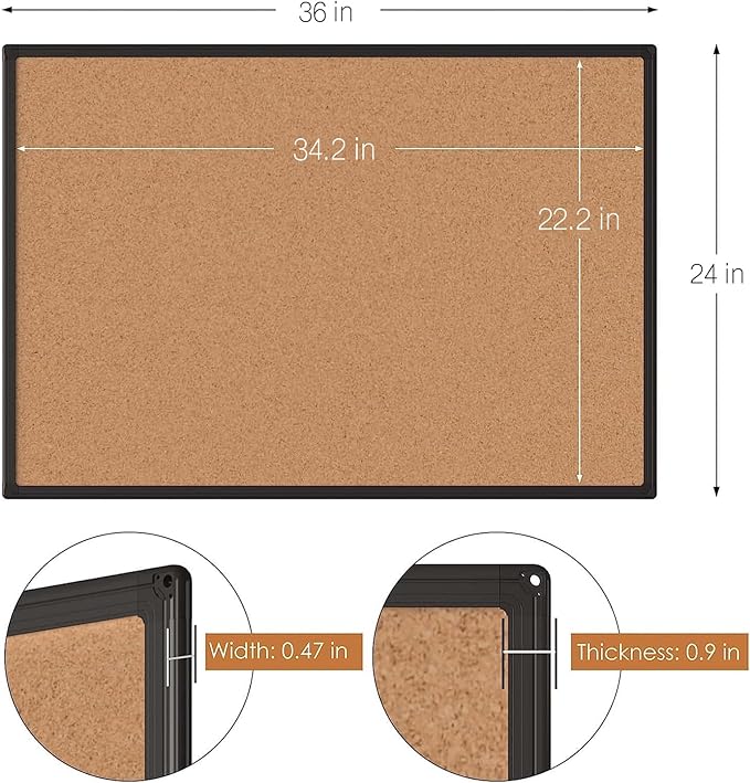 Board2by 2-Pack Cork Board Bulletin Board 24 x 36, Black Aluminium Framed 2 x 3 Corkboard, Office Board for Wall Cork, Large Wall Mounted Notice Pin Board with 32 Push Pins for School, Home & Office-DeskLoop Office