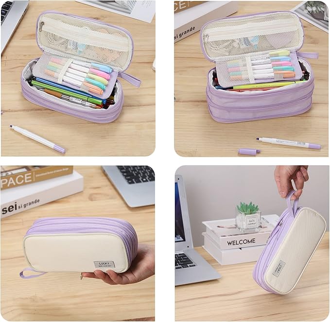 Large Pencil Case Zipper Pencil Pouch Organizer Big Capacity Pencil Bag with Handle Portable for Girls Kids Adults Gift Pen Case for School Home Office Purple-DeskLoop Office