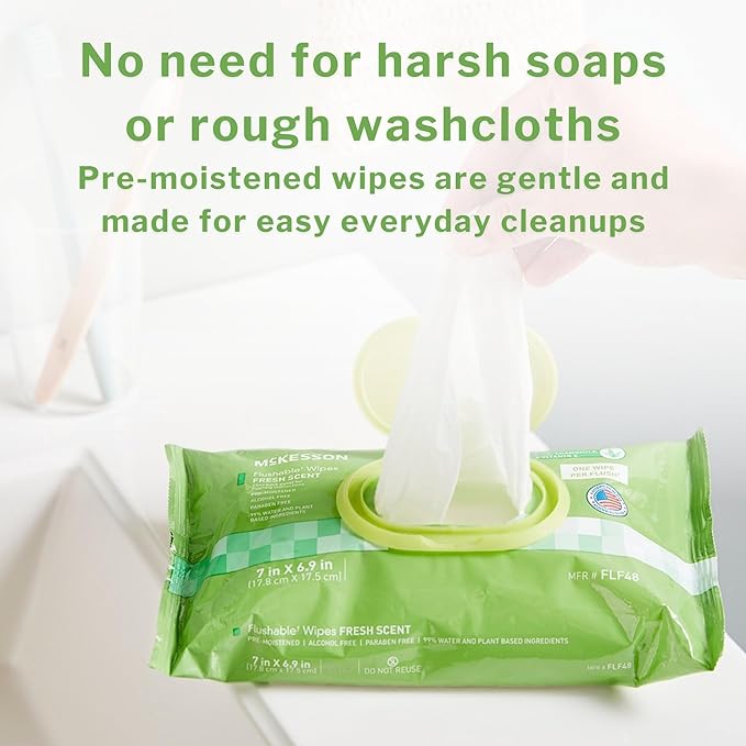 McKesson Flushable* Adult Wet Wipes – 576 Wipes (12 Pack of 48) – Aloe & Vitamin E, Plant-Based Cleansing Wipes, Unscented-DeskLoop Office