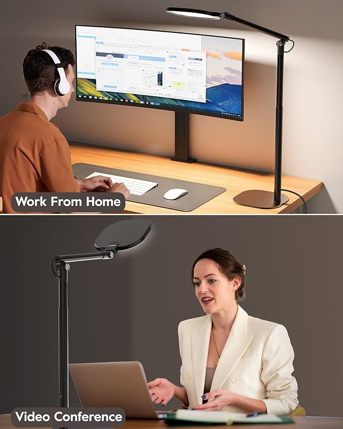 Led Desk Lamps for Home Office with Base, Tall Desk Lamp with 50 Light Modes & Memory and Timer Func Computer Light, Flexible Adjustable Table Lamps for Video Conference, Architect or Study(Black)-DeskLoop Office