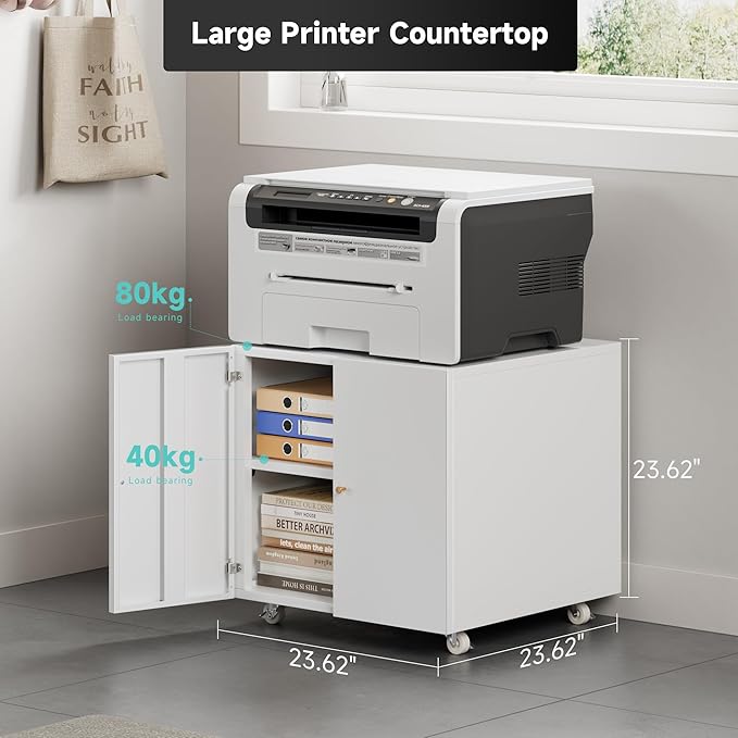 Warmiehomy Metal Printer Stand with Storage Mobile Printer Tables for Small Spaces with Door Adjustable Shelf File Cabinet on Wheels for Home Office (White)-DeskLoop Office