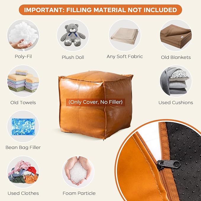 Pouf Ottoman Cover, 17.7" Square Unstuffed Pouf Cover, Faux PU Leather Moroccan Poofy Ottoman Footstool, Brown No Filler Footrest, Floor Chair Gifts Foot Rest for Living Room, (Only Cover)-DeskLoop Office