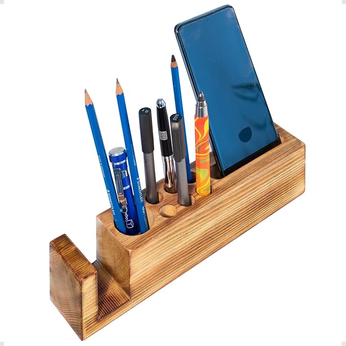 Hoffenwell Wooden Desk Organizer with Phone Holder – Stylish & Functional Book, Pen and Cell Phone Charging Stand - Solid Wood Pen Holder for Desk-DeskLoop Office