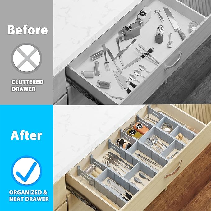 6 Pack Bamboo Drawer Dividers with 12 Inserts, Expandable Adjustable Clothes Drawer Organizers and Storage from 17" to 22" for Kitchen, Bedroom, Dresser, Cosmetics (Gray)-DeskLoop Office