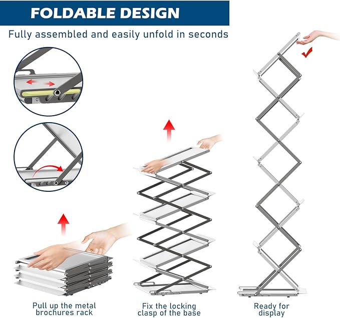 6 Pockets Foldable Aluminum Magazine Rack - Brochure Display Stand, Brochure Catalog Literature Display Stand with Carrying Bag for Exhibition, Trade Show, Office, Retail Store-DeskLoop Office