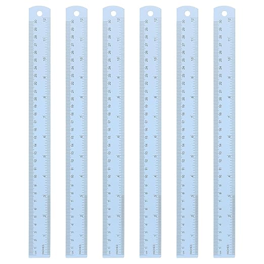 HARFINGTON 6pcs Metal Straight Ruler 30cm Metric SAE Aluminum Alloy Measuring Rulers Scale Tool with Hole for Measure Study Reading Classroom Office, Light Blue-DeskLoop Office