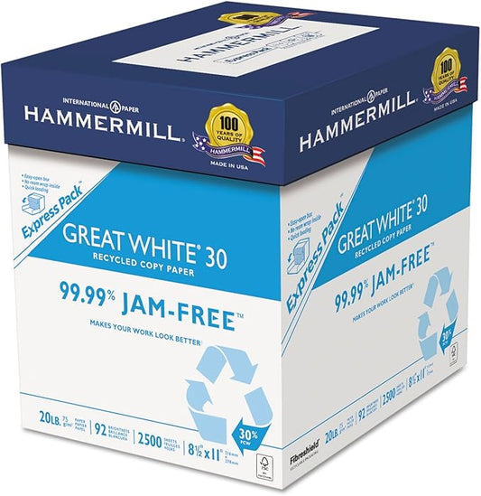 Hammermill Printer Paper, Great White 30% Recycled Paper, 8.5 x 11 - 1 Express Pack (2,500 Sheets) - 92 Bright, Made in the USA, 067780-DeskLoop Office