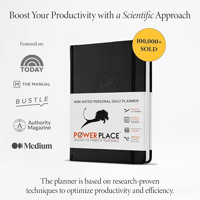 Daily Planner, Calendar & Life Organizer to Improve Time-Management, Productivity & Happiness | Vegan Leather Hardcover Notebook with Blank Dates, Undated 6 Months Hourly Planner for Men & Women, 24 Hour Agenda (Black)-DeskLoop Office