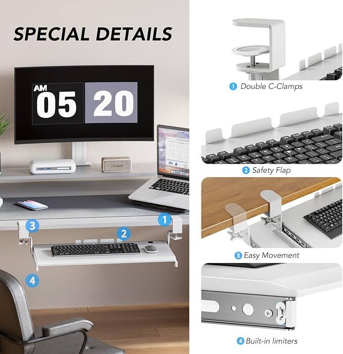 Keyboard Tray Under Desk Pull Out with Extra Sturdy C Clamp Mount System, 27.3 (32.5 inch Including Clamps) x 11 Inch Slide-Out Platform Computer Drawer for Typing White AX01WW01-DeskLoop Office