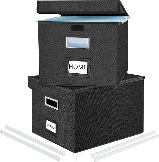 Huolewa File Organizer Boxes with Lids, Collapsible Linen Hanging Filing & Storage Boxes with Plastic Slide for Office/Decor/Home, Filling System for File/Folders/Document Storage -2 Pack-DeskLoop Office
