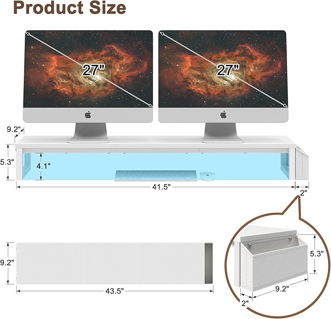 LAND·VOI Dual Monitor Stand Riser,41.5'' Long Monitor Stand for 2 Monitors, Wood and Steel Computer Monitor Stand, Desktop Oraganizer with Pen Holder, Monitor Riser for Desk Computer,Laptop,TV, White-DeskLoop Office