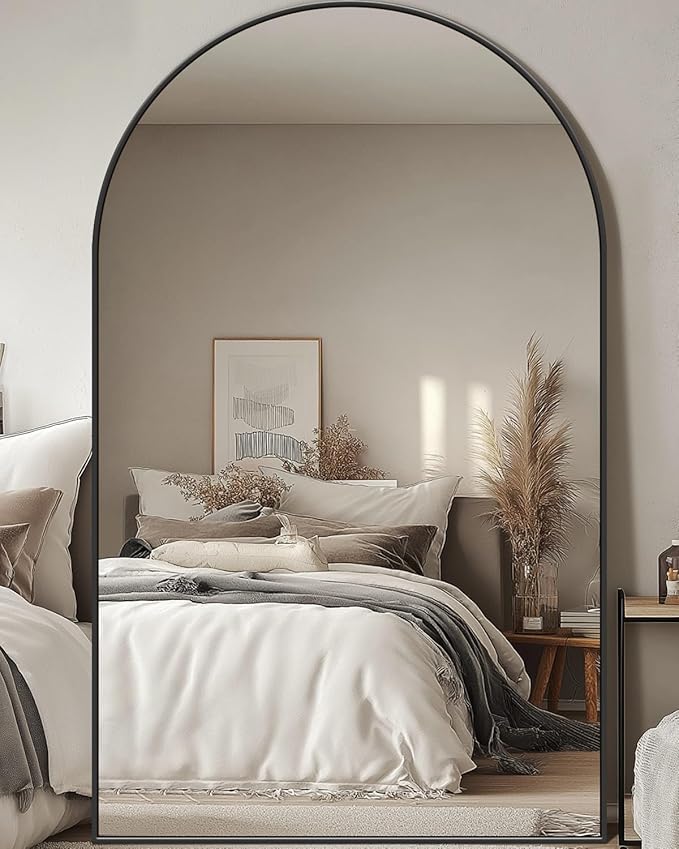 Full Length Mirror, 72"x44" Oversized Floor Mirror Freestanding, Full Body Mirror Floor Standing Mirrors with Stand, Hanging Mounted Mirrors for Bedroom Living Room, Black, Arched Style-DeskLoop Office