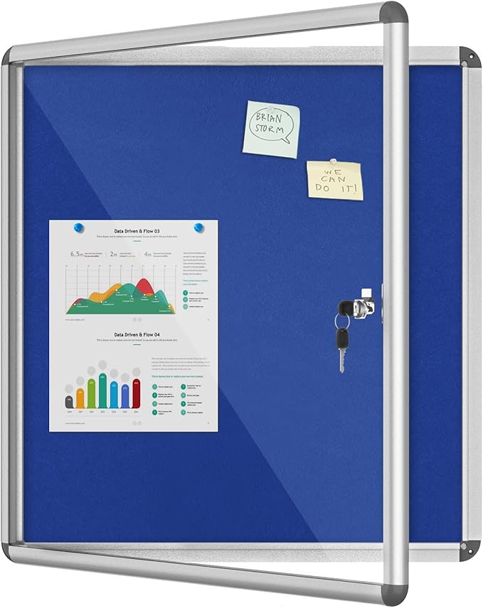 28"x26" Enclosed Bulletin Board, Lockable Weather-Resistant Aluminum Cork Noticeboard for School & Office, Silver Frame w/Blue Flet-DeskLoop Office