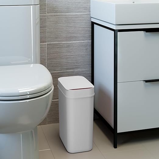 iTouchless 3 Gallon Bathroom Sensor Trash Can, 10 Liter Small Touchless Automatic Slim Garbage Bin with Lid, Smart Narrow Motion Control Commercial Waste Basket for Office, Bedroom, White-DeskLoop Office